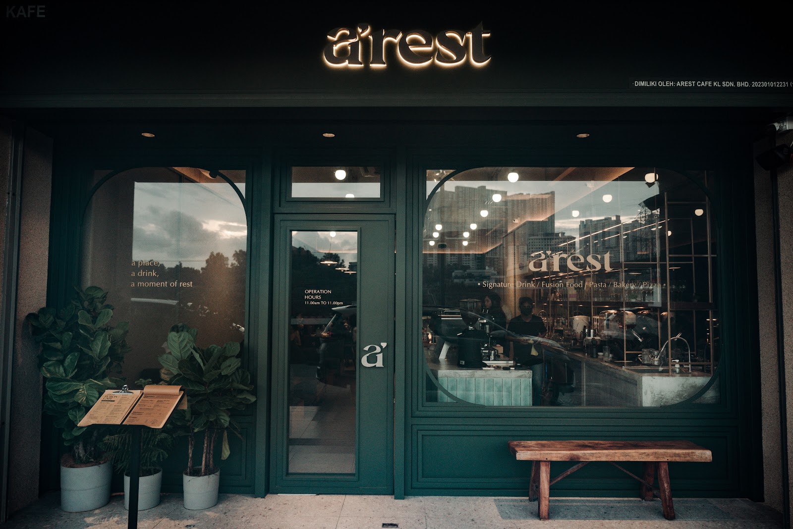 arest Cafe storefront at dusk, Aurora Place Bukit Jalil