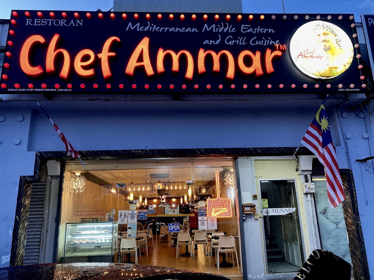 Chef Ammar neon marquee signage, Mediterranean Middle Eastern and Grill Cuisine