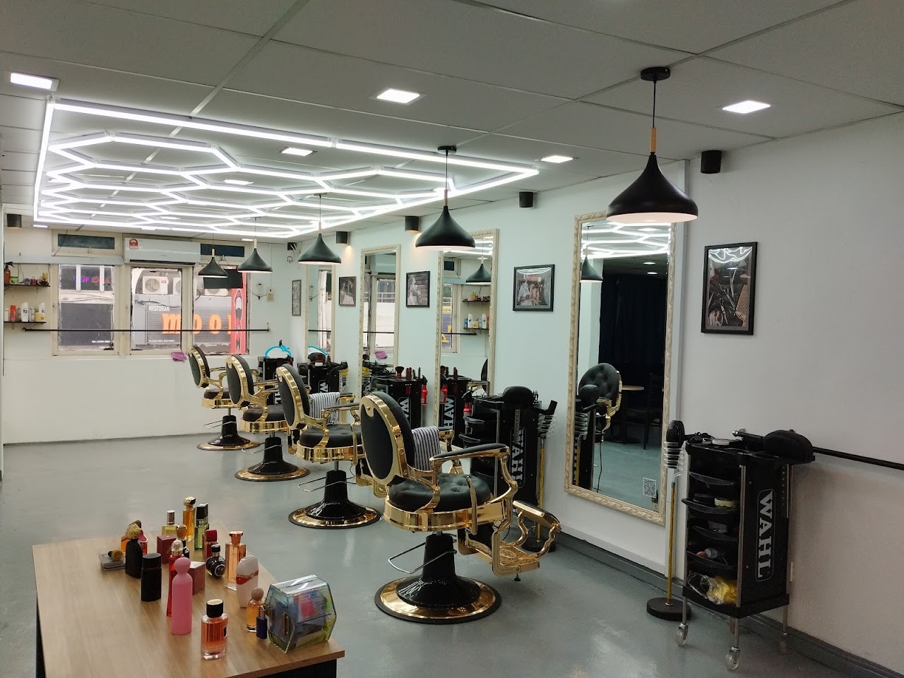 Hexagonal LED ceiling feature at MD Barber Shop