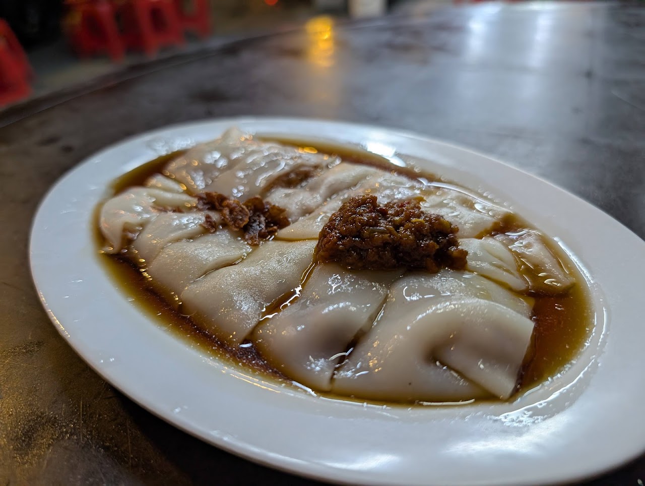 Cheong fun rice noodle rolls in soy sauce at Sing Pao