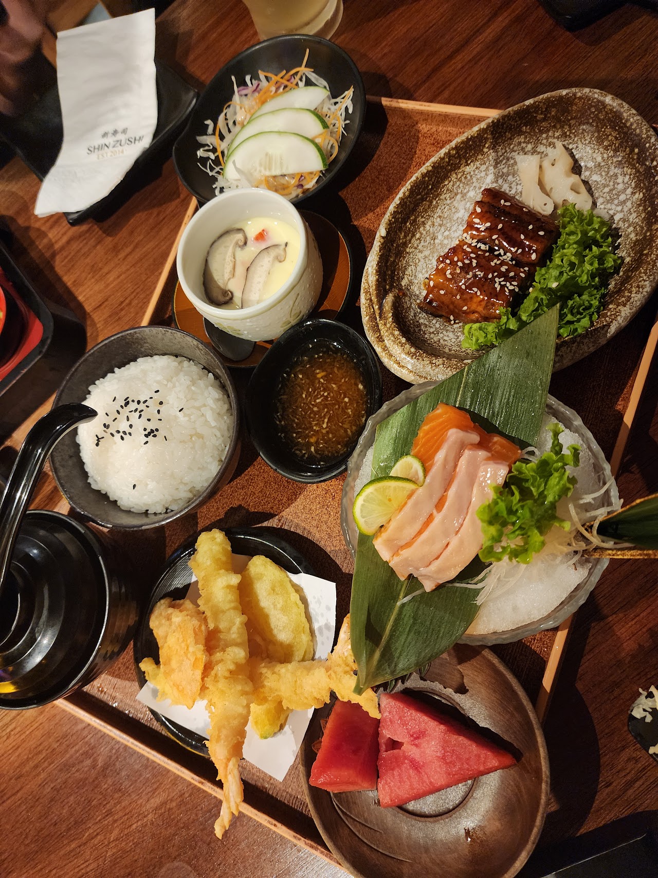 Set meal tray with sashimi, tempura and rice at Shin Zushi