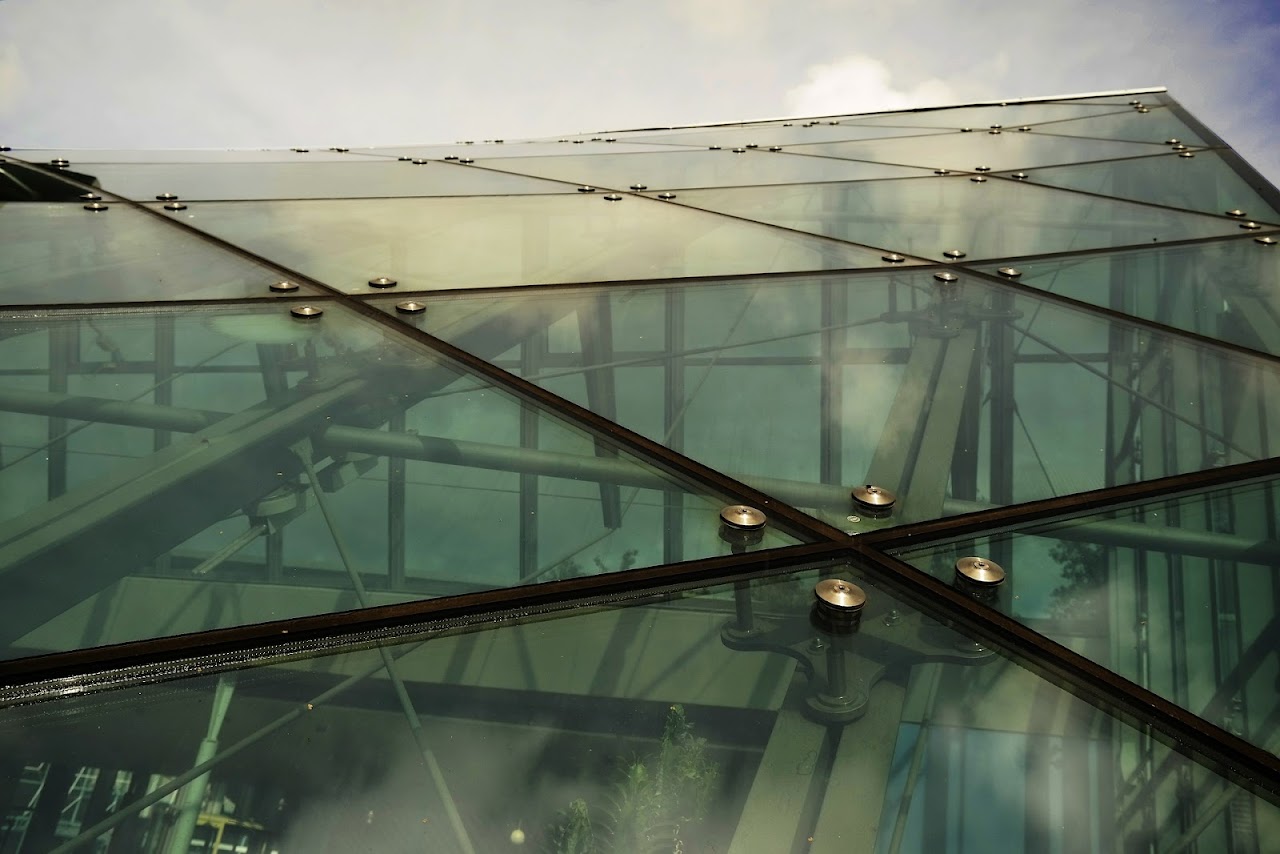 Glass roof structural joint, underside view